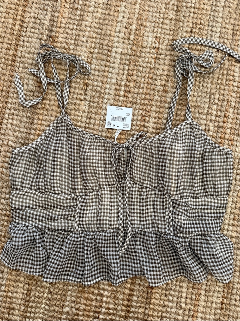American Eagle Outfitters Brown and White Gingham Tie-Shoulder Ruffle Camisole